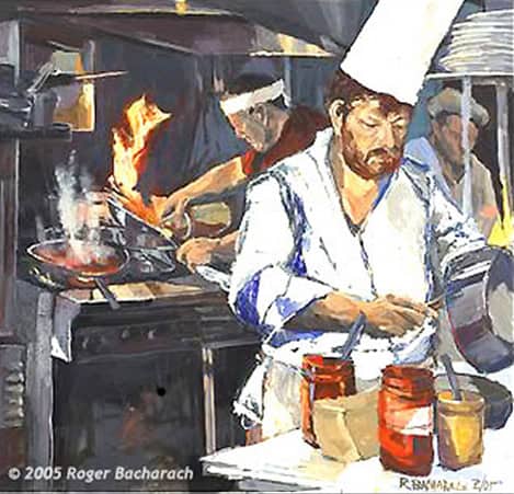 Mazzi's Kitchen by Roger Bacharach c 2005. Chef in white coat and hat, creating at the stove, while others work behind him.