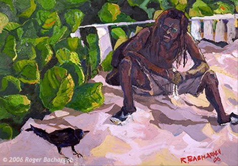 Rasta and Grackle by Roger Bacharach c 2006. Oil Painting $1500